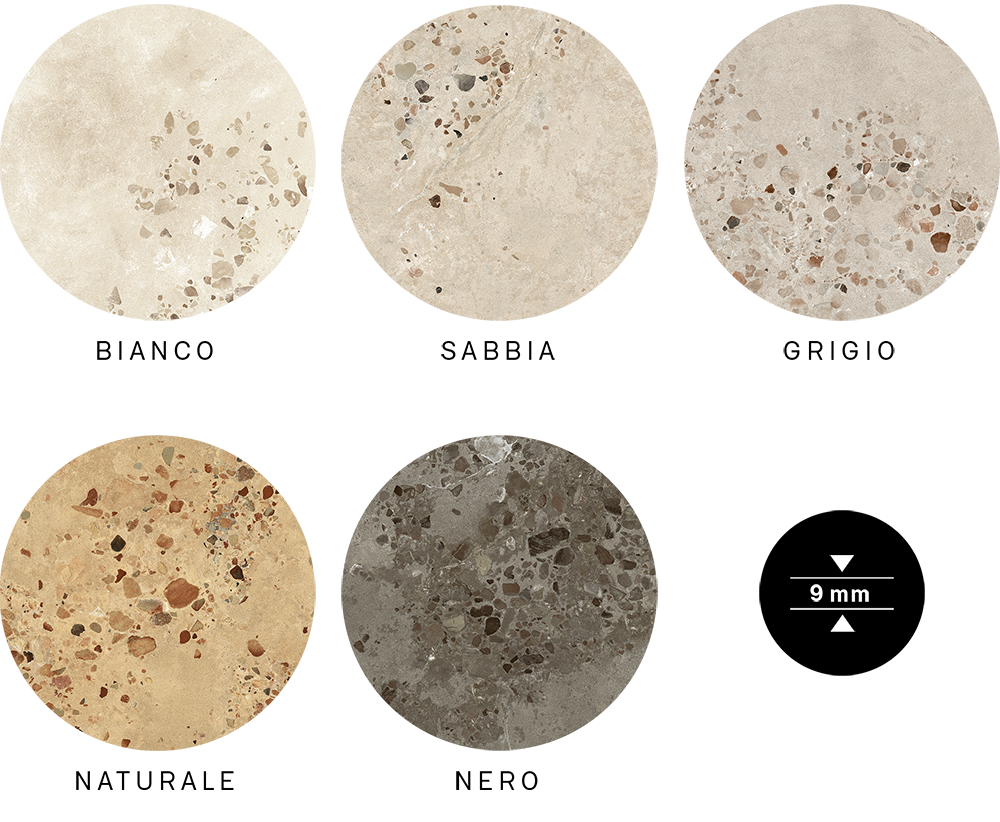 Variantes de couleurs des carreaux de 9mm d'épaisseur de la collection I Cocci Siciliani : bianco, sabbia, grigio, naturale et nero